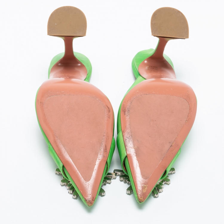 Pre Owned Amina Muaddi Green Vinyl Begum Crystal Embellished Mules Size 38