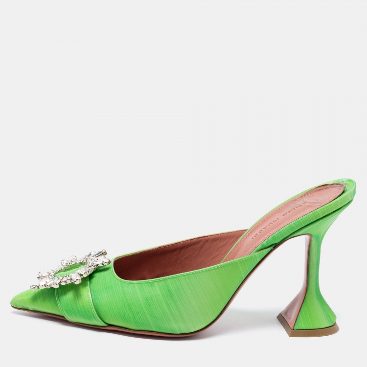 Amina Muaddi Green Vinyl Begum Crystal Embellished Mules Size 38 Amina ...