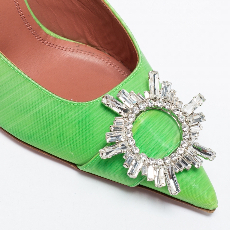 Pre Owned Amina Muaddi Green Vinyl Begum Crystal Embellished Mules Size 38