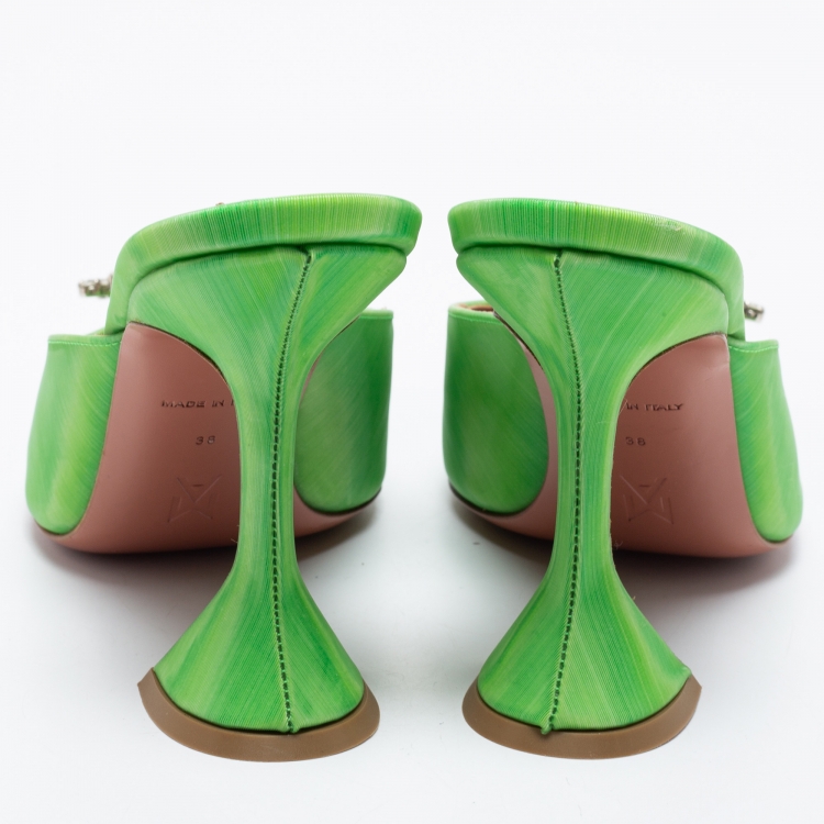Pre Owned Amina Muaddi Green Vinyl Begum Crystal Embellished Mules Size 38