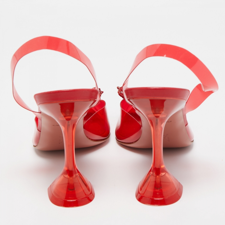 Pre Owned Amina Muaddi Red Rosie Crystal Embellished PVC Pointed Toe Slingback Pumps Size 41