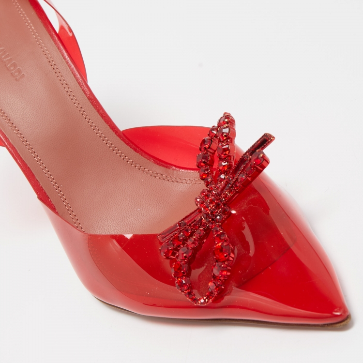 Pre Owned Amina Muaddi Red Rosie Crystal Embellished PVC Pointed Toe Slingback Pumps Size 41