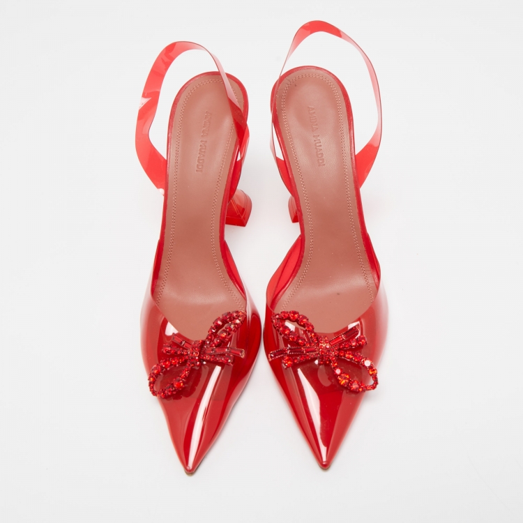 Pre Owned Amina Muaddi Red Rosie Crystal Embellished PVC Pointed Toe Slingback Pumps Size 41