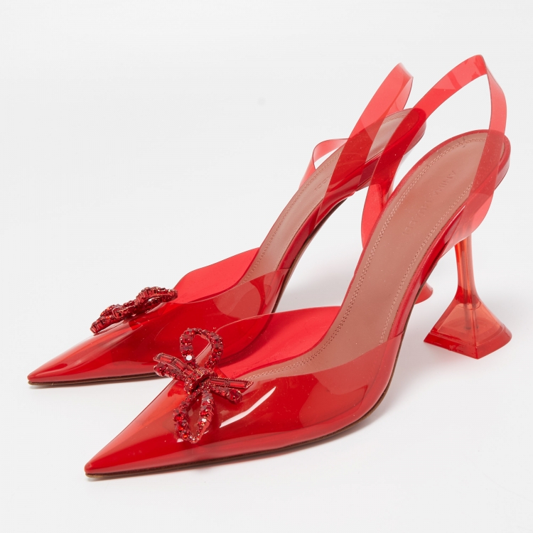 Pre Owned Amina Muaddi Red Rosie Crystal Embellished PVC Pointed Toe Slingback Pumps Size 41