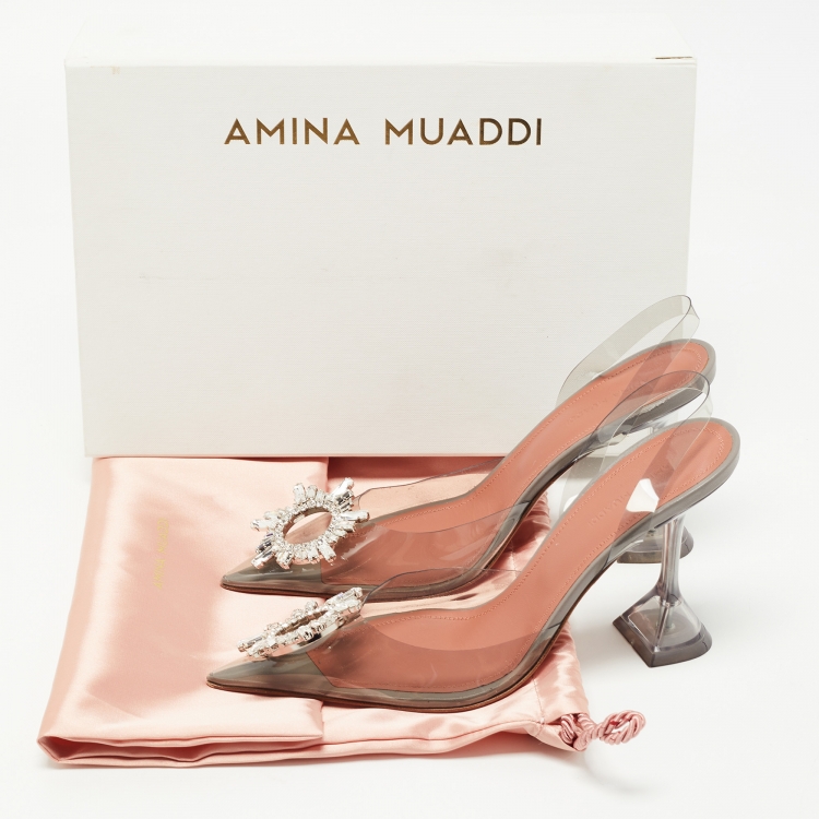 Pre Owned Amina Muaddi Grey PVC Begum Slingback Pumps Size 38