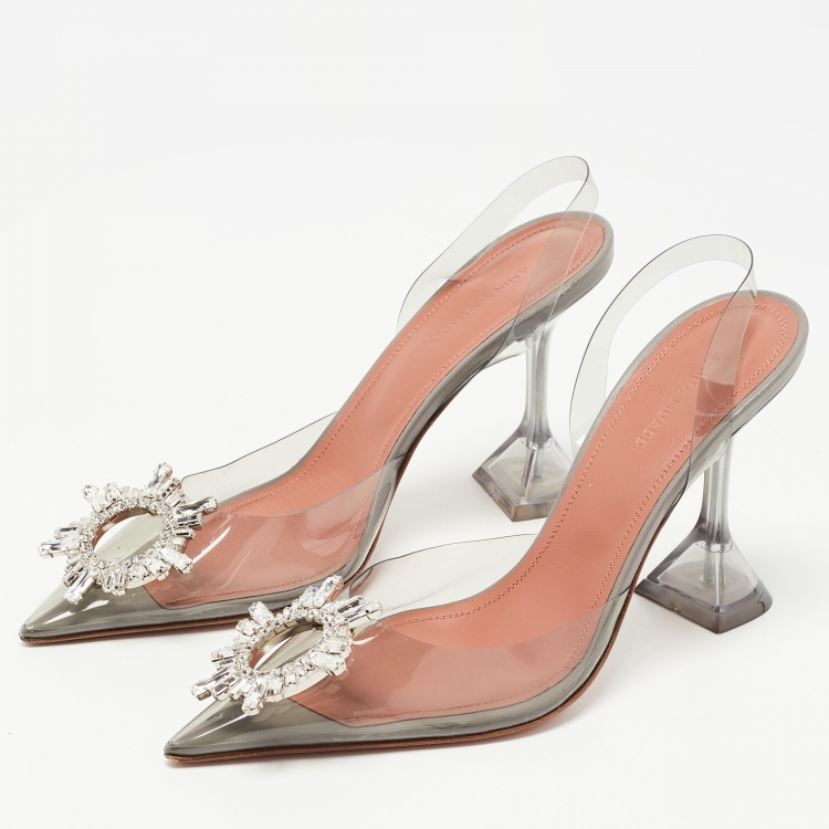 Pre Owned Amina Muaddi Grey PVC Begum Slingback Pumps Size 38