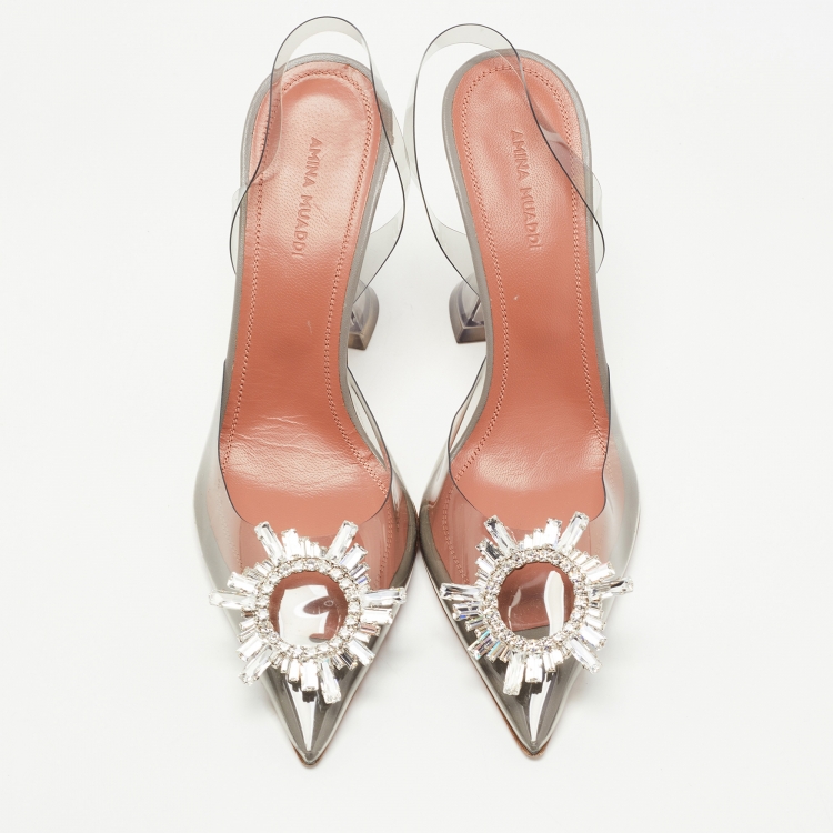 Pre Owned Amina Muaddi Grey PVC Begum Slingback Pumps Size 38