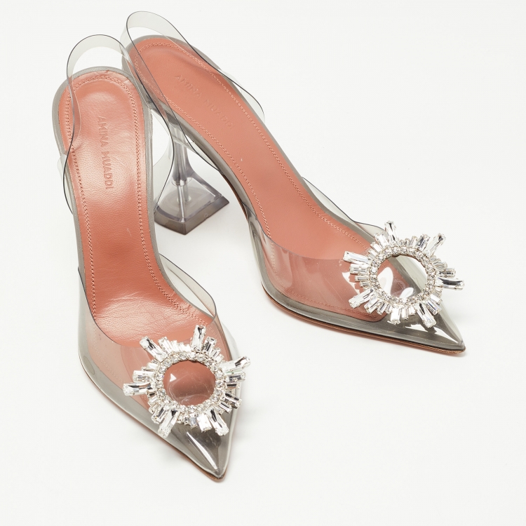 Pre Owned Amina Muaddi Grey PVC Begum Slingback Pumps Size 38