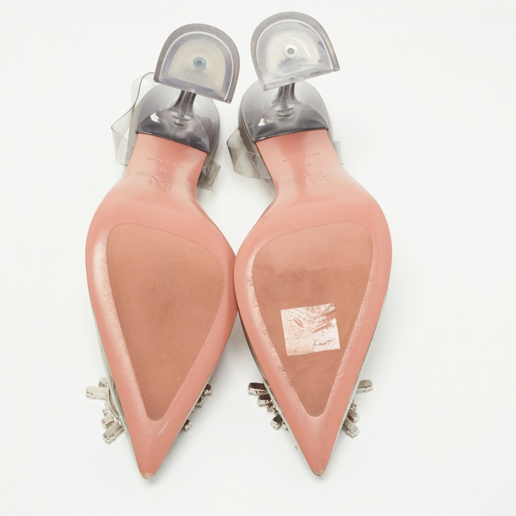Pre Owned Amina Muaddi Grey PVC Begum Slingback Pumps Size 38