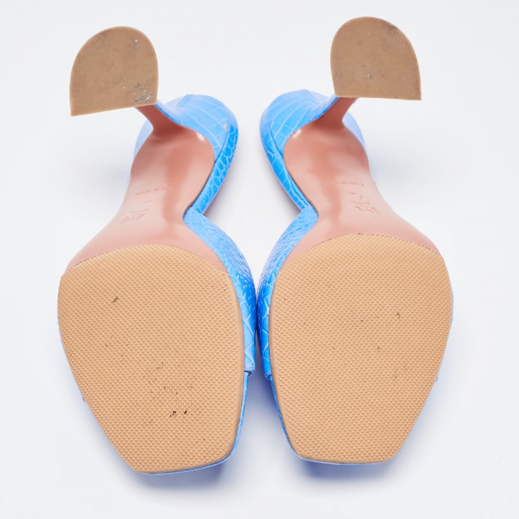 مملوكة مسبقًا Amina Muaddi Blue Croc Embossed Lupita Slides Sandals Size 38