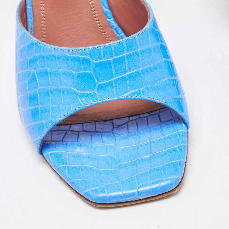 مملوكة مسبقًا Amina Muaddi Blue Croc Embossed Lupita Slides Sandals Size 38