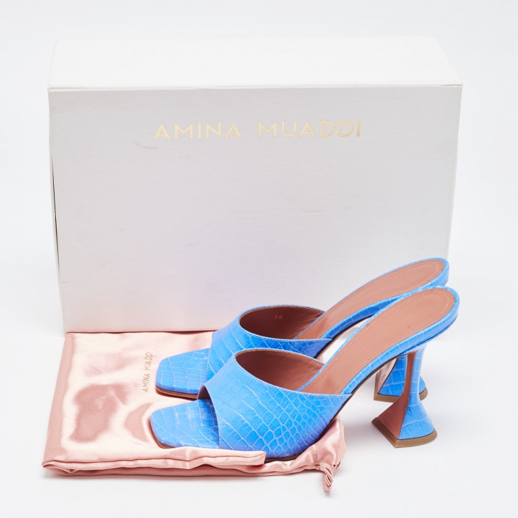 مملوكة مسبقًا Amina Muaddi Blue Croc Embossed Lupita Slides Sandals Size 38