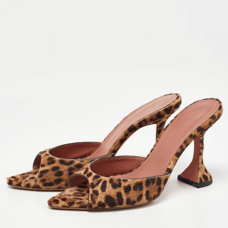 Pre Owned Amina Muaddi Beige/Brown Leopard Print Calfhair Caroline Mule Size 38.5