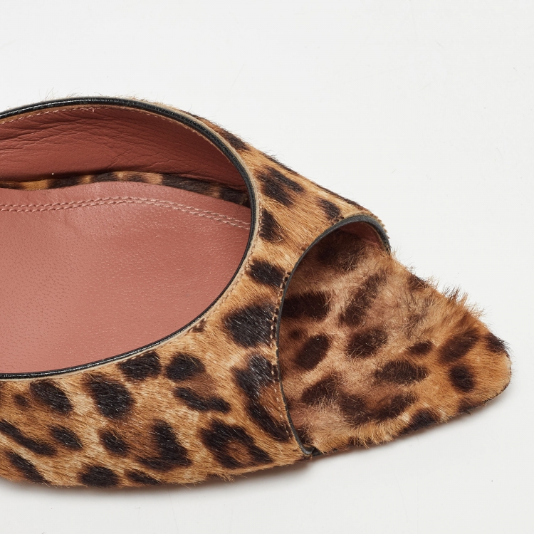 Pre Owned Amina Muaddi Beige/Brown Leopard Print Calfhair Caroline Mule Size 38.5