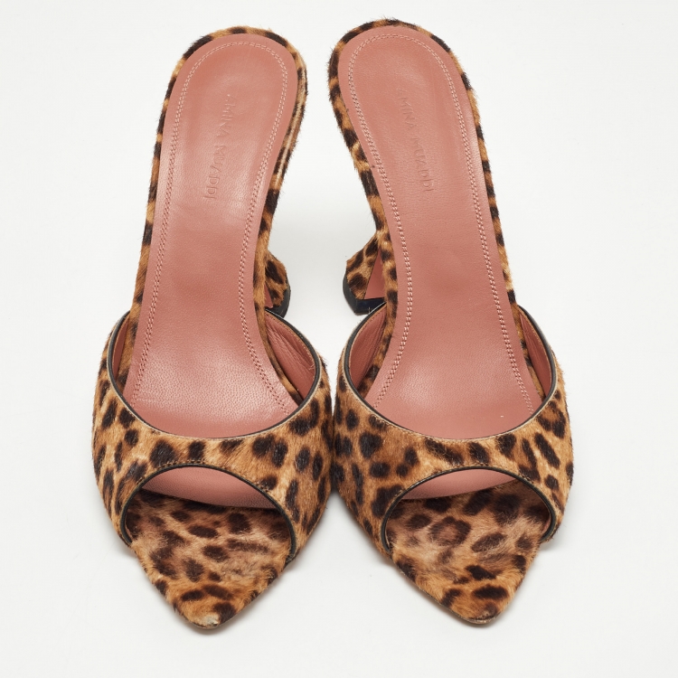 Pre Owned Amina Muaddi Beige/Brown Leopard Print Calfhair Caroline Mule Size 38.5