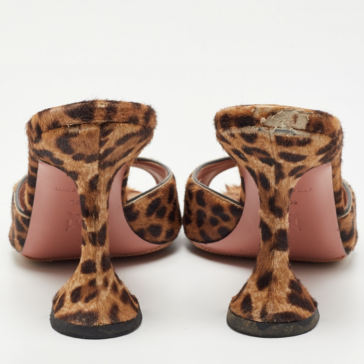 Pre Owned Amina Muaddi Beige/Brown Leopard Print Calfhair Caroline Mule Size 38.5