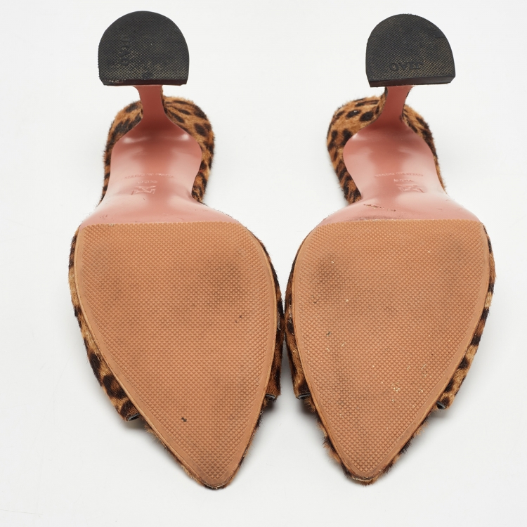 Pre Owned Amina Muaddi Beige/Brown Leopard Print Calfhair Caroline Mule Size 38.5
