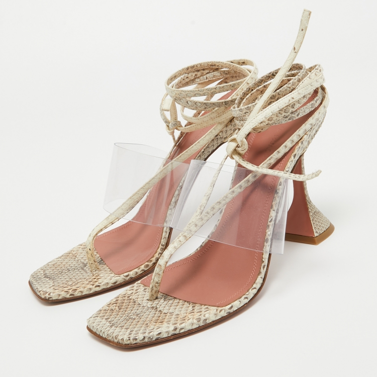 Amina Muaddi Brown Beige Embossed Snakeskin and PVC Zula Sandals