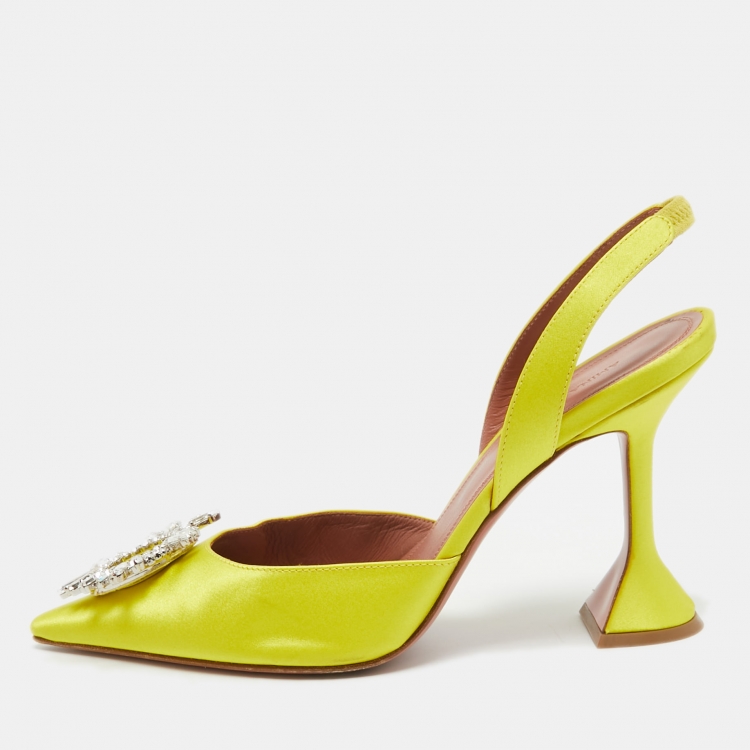 Pre Owned Amina Muaddi Yellow Satin Begum Slingback Pumps Size 39