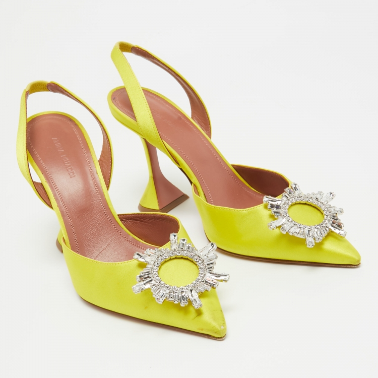 Pre Owned Amina Muaddi Yellow Satin Begum Slingback Pumps Size 39