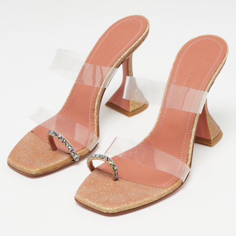 Pre Owned Amina Muaddi Metallic/Transparent Glitter and PVC Sami Sandals Size 36