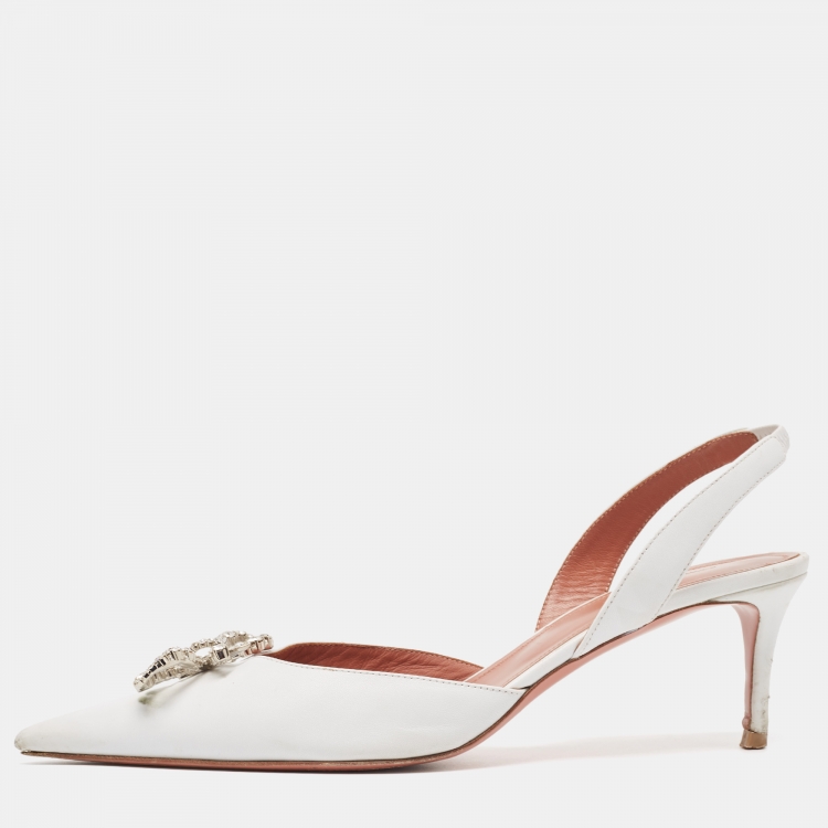 Pre Owned Amina Muaddi White Leather Rosie  Slingback Pumps Size 41.5 