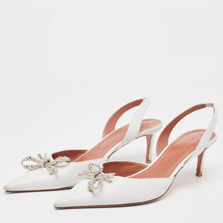 Pre Owned Amina Muaddi White Leather Rosie  Slingback Pumps Size 41.5 