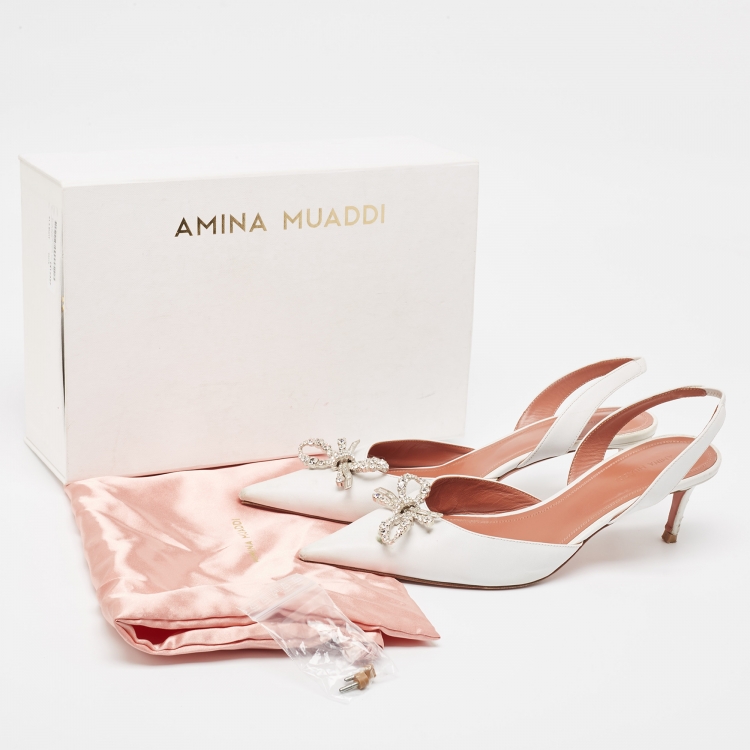 Pre Owned Amina Muaddi White Leather Rosie  Slingback Pumps Size 41.5 