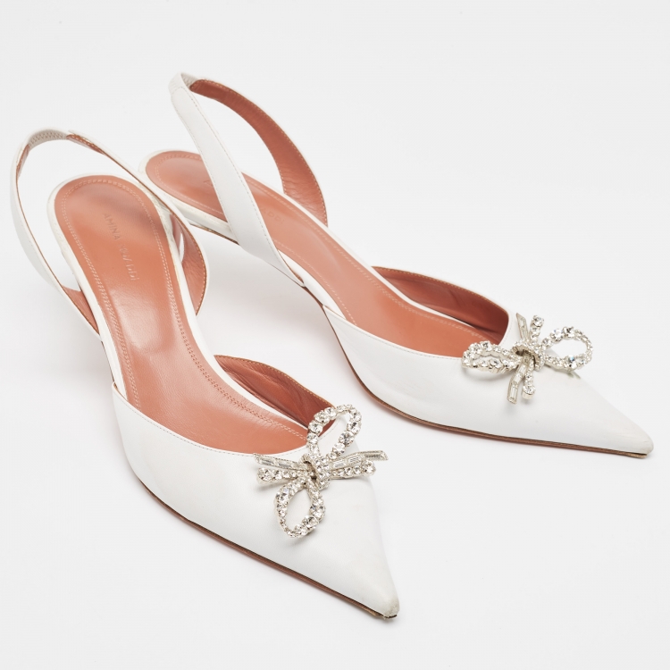 Pre Owned Amina Muaddi White Leather Rosie  Slingback Pumps Size 41.5 