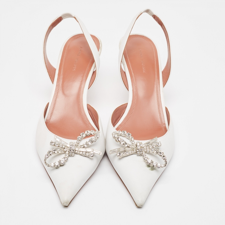 Pre Owned Amina Muaddi White Leather Rosie  Slingback Pumps Size 41.5 