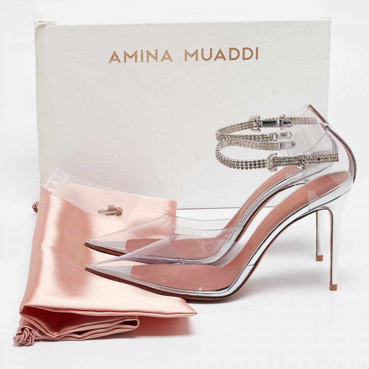 Pre Owned  Amina Muaddi Silver PVC and Patent Leather Ursina Pumps Size 38