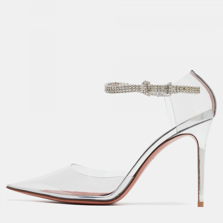 Pre Owned  Amina Muaddi Silver PVC and Patent Leather Ursina Pumps Size 38