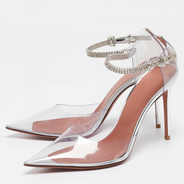 Pre Owned  Amina Muaddi Silver PVC and Patent Leather Ursina Pumps Size 38