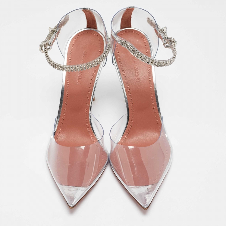 Pre Owned  Amina Muaddi Silver PVC and Patent Leather Ursina Pumps Size 38