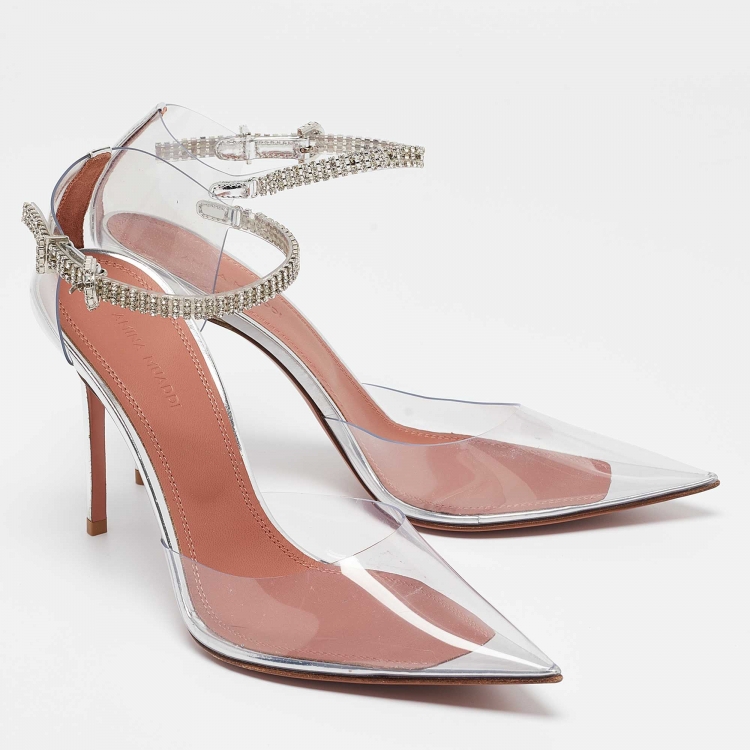 Pre Owned  Amina Muaddi Silver PVC and Patent Leather Ursina Pumps Size 38