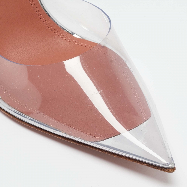 Pre Owned  Amina Muaddi Silver PVC and Patent Leather Ursina Pumps Size 38