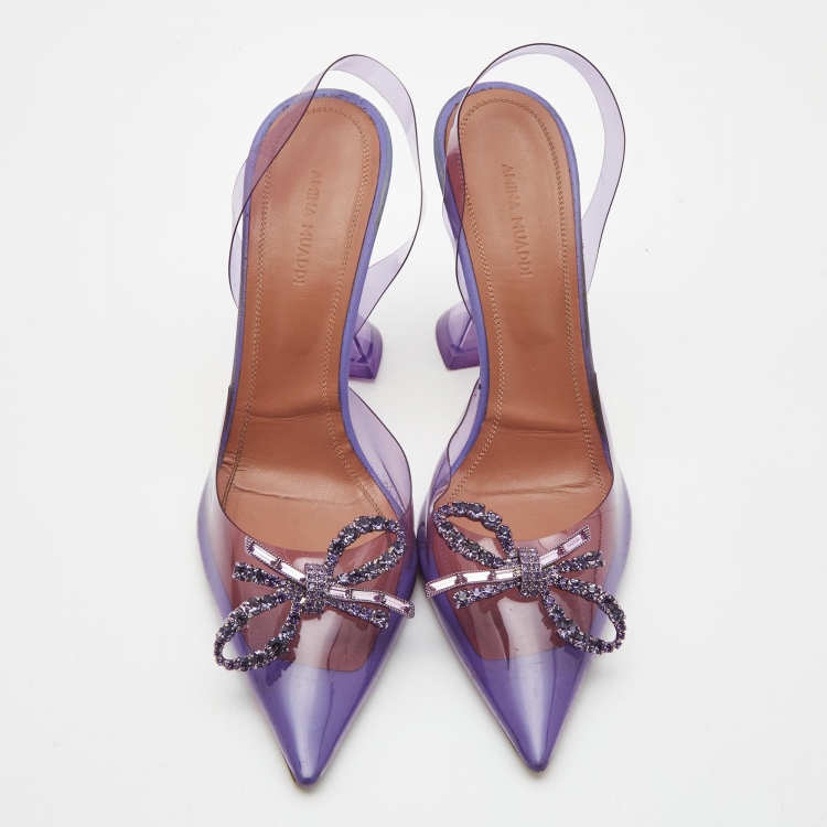 Pre Owned Amina Muaddi Purple PVC Crystal Embellished Bow Slingback Pumps Size 39