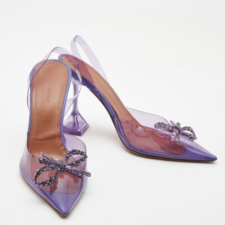 Pre Owned Amina Muaddi Purple PVC Crystal Embellished Bow Slingback Pumps Size 39