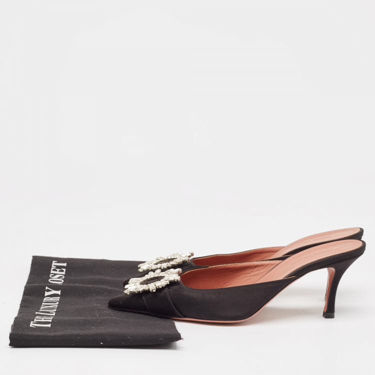 Pre Owned Amina Muaddi Black Satin Begum  Mules Size 37