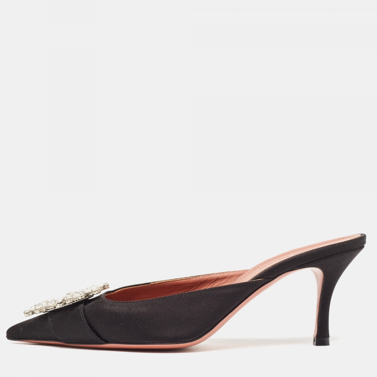 Pre Owned Amina Muaddi Black Satin Begum  Mules Size 37