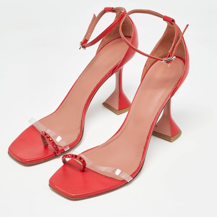 Pre Owned Amina Muaddi Red Leather Daisy Ankle Strap Sandals Size 42