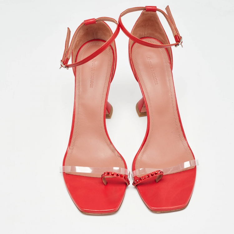 Pre Owned Amina Muaddi Red Leather Daisy Ankle Strap Sandals Size 42