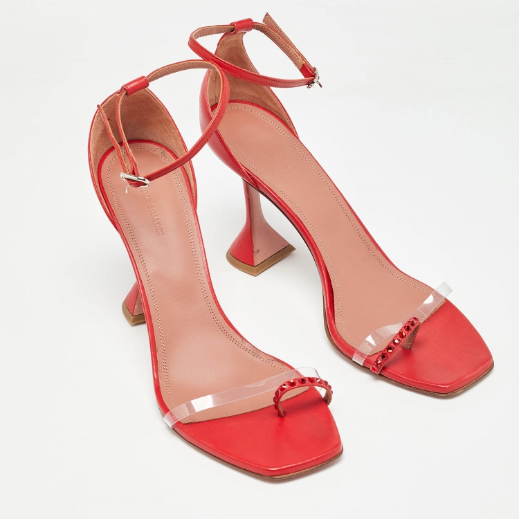 Pre Owned Amina Muaddi Red Leather Daisy Ankle Strap Sandals Size 42