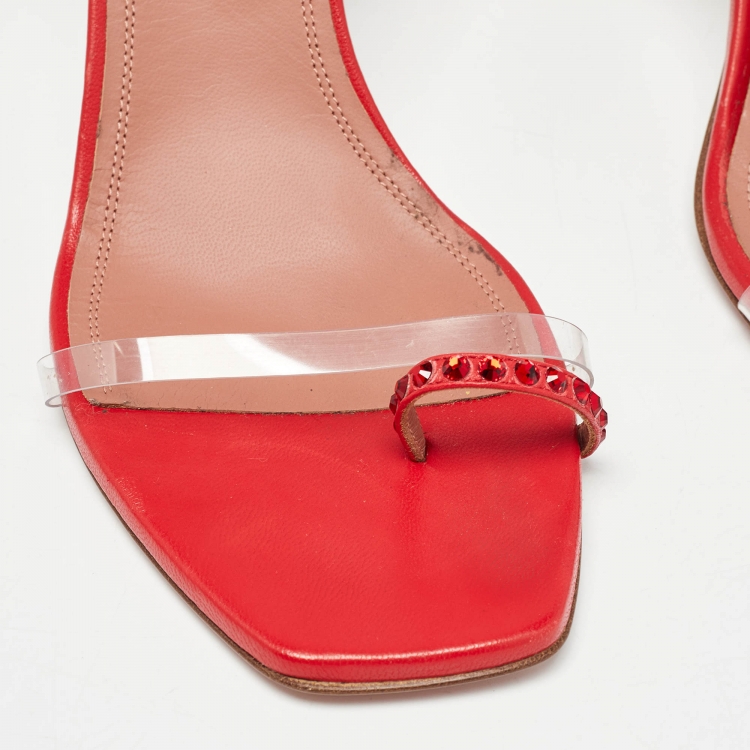 Pre Owned Amina Muaddi Red Leather Daisy Ankle Strap Sandals Size 42