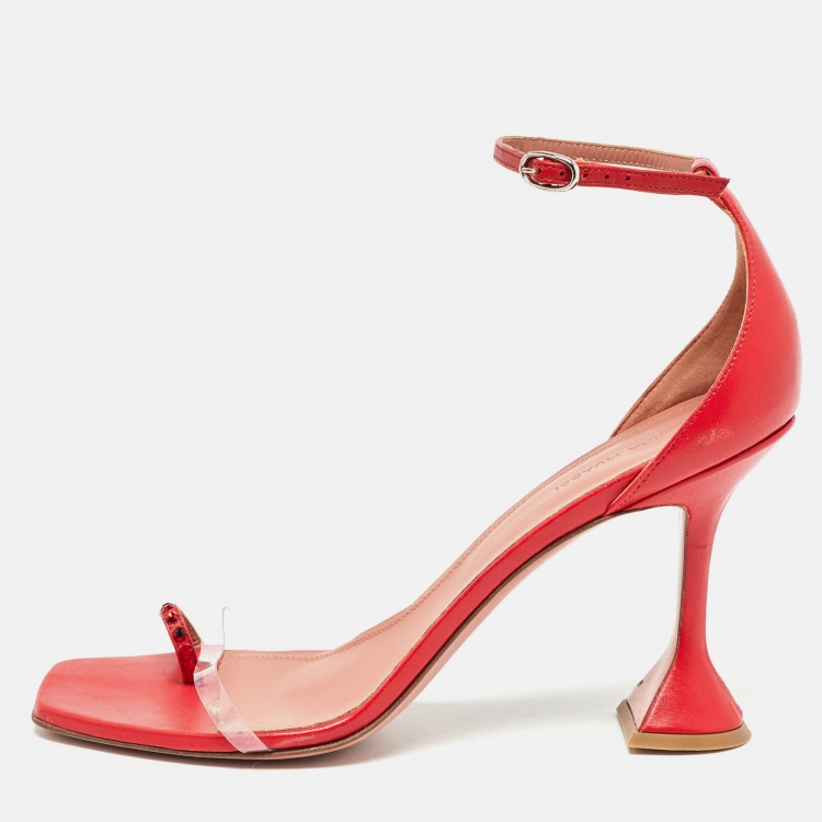 Pre Owned Amina Muaddi Red Leather Daisy Ankle Strap Sandals Size 42