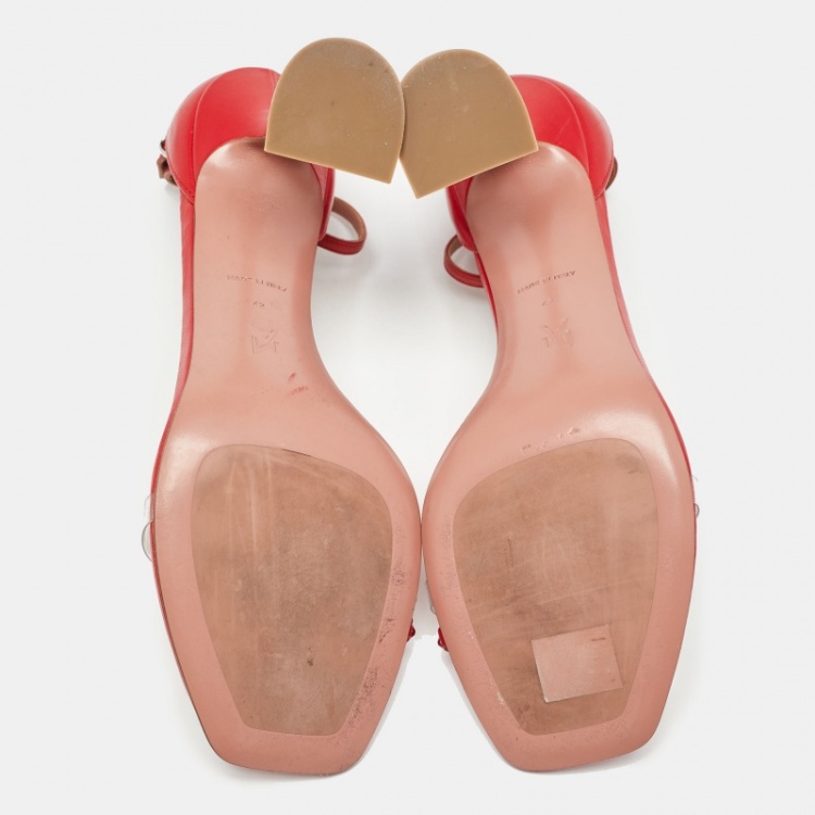 Pre Owned Amina Muaddi Red Leather Daisy Ankle Strap Sandals Size 42