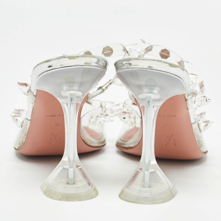 مملوكة مسبقًا Amina Muaddi Transparent PVC Crystal Embellished Julia Mules Size 41