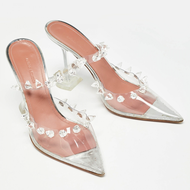 مملوكة مسبقًا Amina Muaddi Transparent PVC Crystal Embellished Julia Mules Size 41