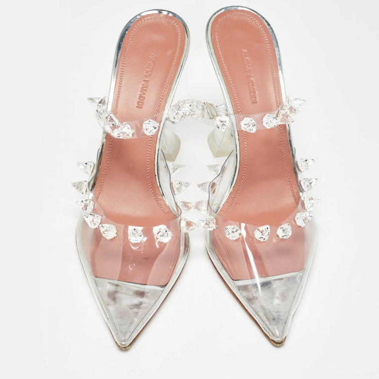 مملوكة مسبقًا Amina Muaddi Transparent PVC Crystal Embellished Julia Mules Size 41
