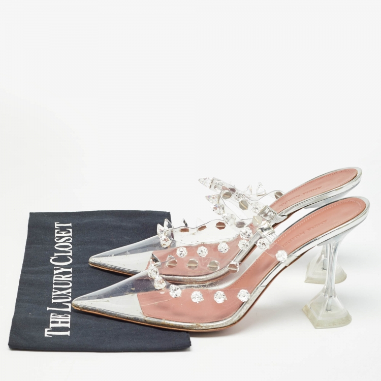 مملوكة مسبقًا Amina Muaddi Transparent PVC Crystal Embellished Julia Mules Size 41